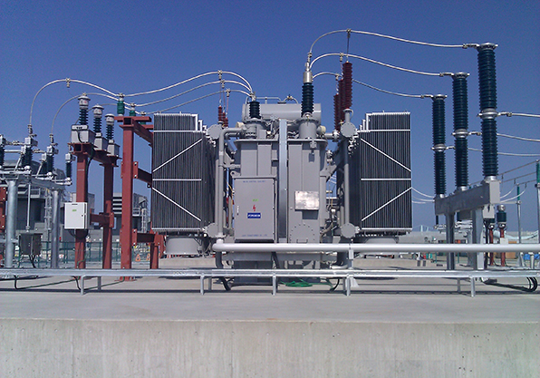 Up close view of power transformer and switchgear equipment